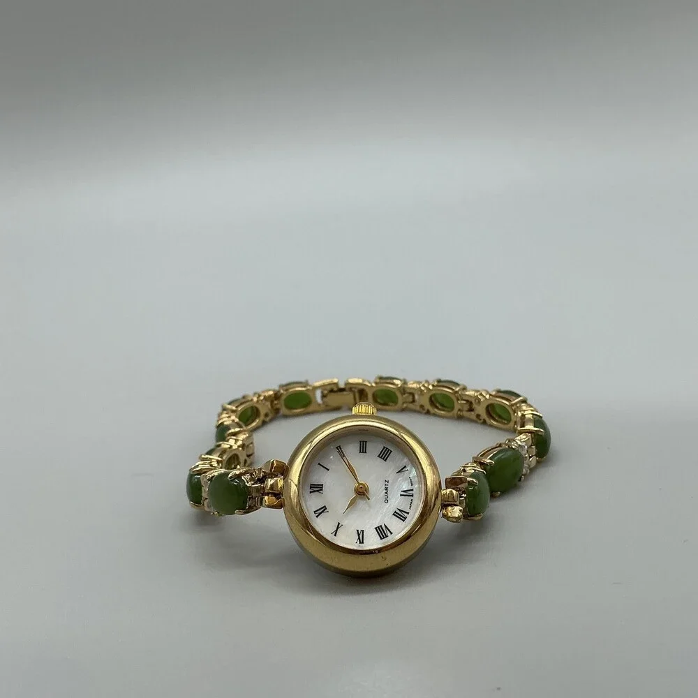 HMI Womens Watch 22mm MOP Gold Tone Green Stone Bracelet New Battery 7.25